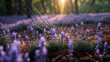 Lavender Field with Dew Covered Spiderweb at Sunrise in Forest photo