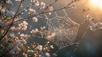 Spiderweb with Dew Drops Hanging on Blossoming Tree Branches photo