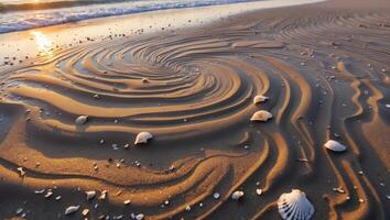 Seashells on Wet Sand at Sunset with Circular Patterns photo