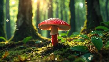 Mushroom Growing in Forest with Sunlight Filtering Through Trees photo