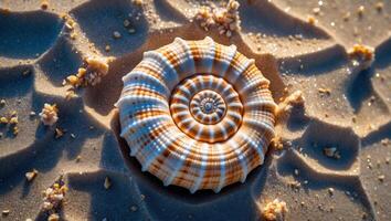 Seashell with Striped Pattern Resting on a Sandy Beach Surface photo