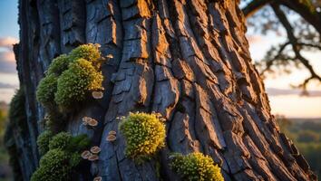 Tree Trunk Bark with Moss and Mushrooms in Soft Sunset Light photo