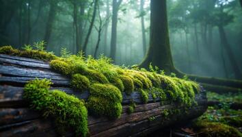 Moss Growing on Fallen Tree Trunk in Misty Forest Environment photo