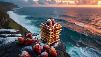Stack of Waffles Topped with Strawberries at Cliffside Coastal View photo