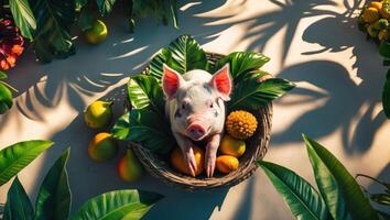 Adorable Piglet Relaxing in Basket with Tropical Leaves and Fruit photo