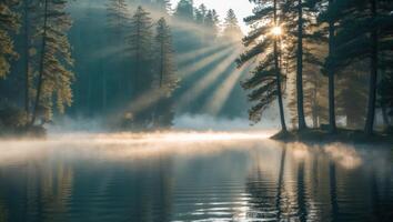 Sunrise Over Foggy Lake with Rays Through the Trees Creating Serenity photo