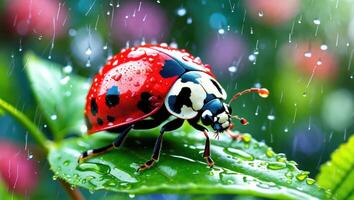 Ladybug Sitting on Leaf in Rain with Blurred Floral Background photo