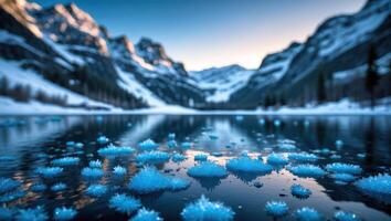 Ice Crystals Floating on Lake with Snowy Mountains in Winter photo