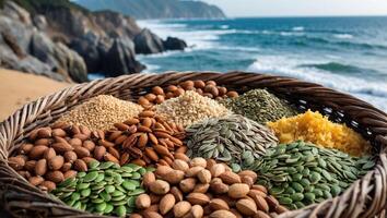 Basket Full of Assorted Nuts and Seeds with Ocean Backdrop. photo