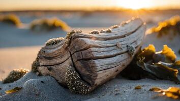 Driftwood on Sandy Beach at Sunset with Barnacles and Seaweed photo