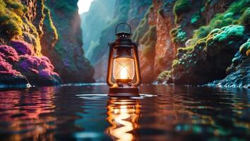 Glowing Lantern Floating on Calm Water Within Rocky Canyon Scene photo