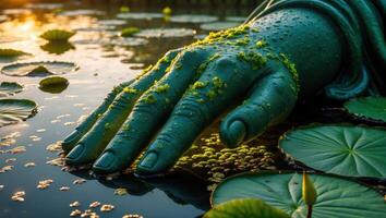Green Hand Emerging From Water with Lily Pads at Sunset photo