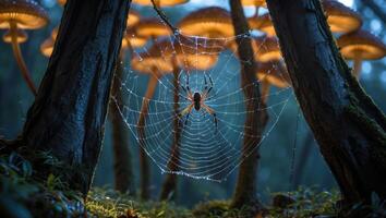 Spider in Wet Web Forest with Glowing Mushrooms Background photo