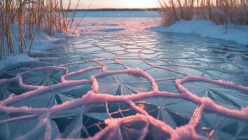 Frozen Lake Surface with Intricate Ice Patterns at Winter Sunrise photo