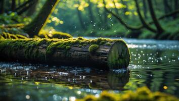 Moss Covered Log Floating in River Creates Serene Forest Scene photo
