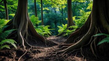 Walking Path Through Lush Green Forest with Ferns and Large Trees photo