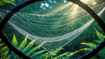 Dew Covered Cobweb Sparkling in Sunlight Among Ferns in the Forest photo