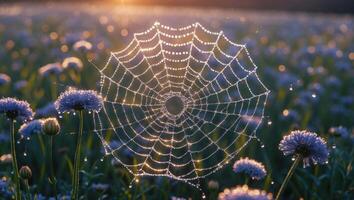 Dew Covered Spiderweb in Flower Field Shines in the Morning Light photo