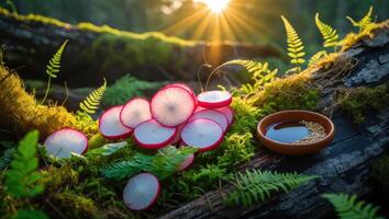 Sliced Radish on Mossy Log with Dip in a Fern Forest photo