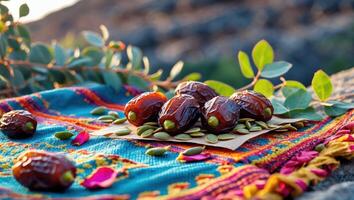 Dates and Seeds Arrangement on Colorful Textile in Outdoor Setting photo