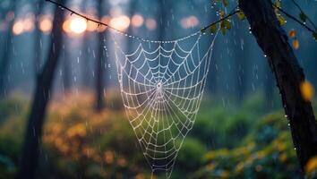 Spiderweb Hanging During Rain in Forest with Soft Light photo