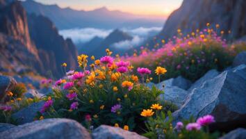 Wildflowers Blooming on Mountain Rocks at Sunset with Distant Peaks photo