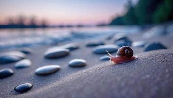 Snail Crawling on Beach Sand at Dusk with Smooth Stones Around photo