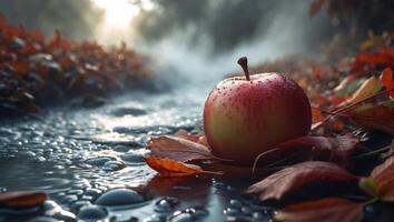 Fresh Red Apple Displayed Among Autumn Leaves Near Flowing Water photo