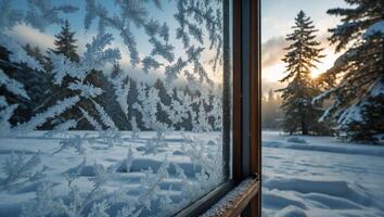 Winter Window View Snowy Landscape Frost Patterns and Evergreen Trees photo