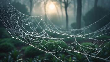 Spiderweb Covered with Dew Drops in a Misty Forest Scene photo