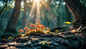 Mushroom Cluster on Log in Forest with Sun Rays Streaming Through photo