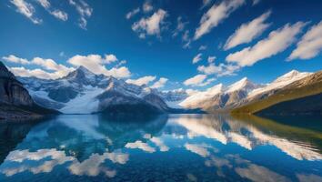 Calm Lake Reflection with Snow-capped Mountain Range and Blue Sky photo