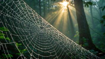 Dew Covered Spiderweb Shines in Forest Sunlight Streaming Through Trees photo