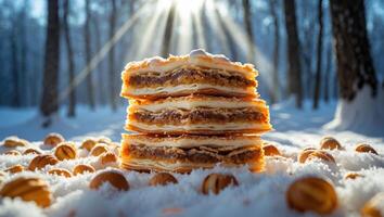Stack of Pastries with Nuts in Winter Forest Setting photo