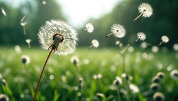 Dandelion Seeds Floating in a Sunny Meadow with Green Grass photo