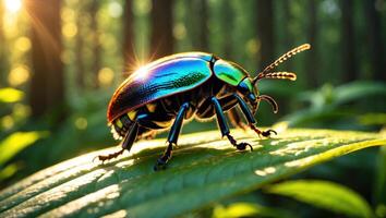 Iridescent Beetle Crawling on Leaf in Forest with Sunlight photo
