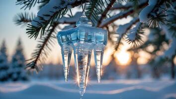 Icicle Hanging From Snowy Evergreen Branch with Winter Sunset View photo
