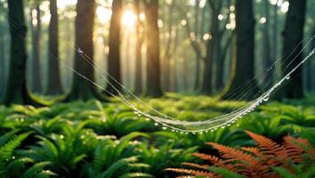 Spiderweb with Dew in Forest at Sunrise Fresh Morning Atmosphere photo