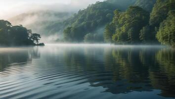 Calm Lake Reflecting Forest and Mist at Dawn Serene Nature Scene photo