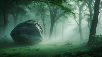 Solitary Rock in Foggy Forest Glade Scene Creates Mystical Atmosphere photo