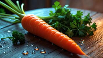 Fresh Carrot with Green Parsley on Rustic Wooden Table Surface photo