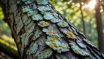 Fallen Tree Trunk Covered in Lichen, Woodland Setting, Detailed Texture photo
