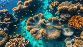 Exploring Coral Reef Underwater with Small Fish Swimming Around Structures photo