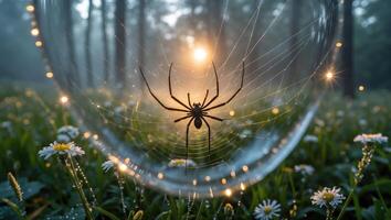 Spider Sitting on Web in Misty Field with Daisy Flowers photo