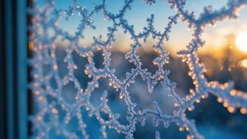 Frost Formation on Window with Golden Sunlight Showing Through Background photo
