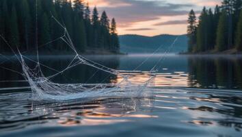 Spiderweb Floating on Lake Water Reflecting Colorful Sky at Dawn photo