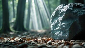 Large Rock Resting in Forest with Sun Rays Shining Through Trees photo