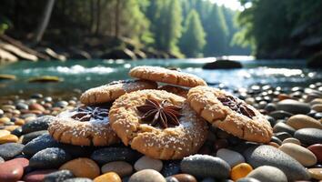 Cookies with Anise Star Resting on River Rocks Near Flowing Stream photo