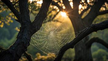 Spiderweb Hanging Between Tree Branches Illuminated by Backlight Sunlight photo