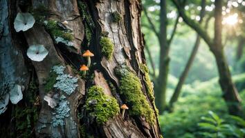 Mushrooms on Tree Bark in Forest with Moss and Lichen Growth photo